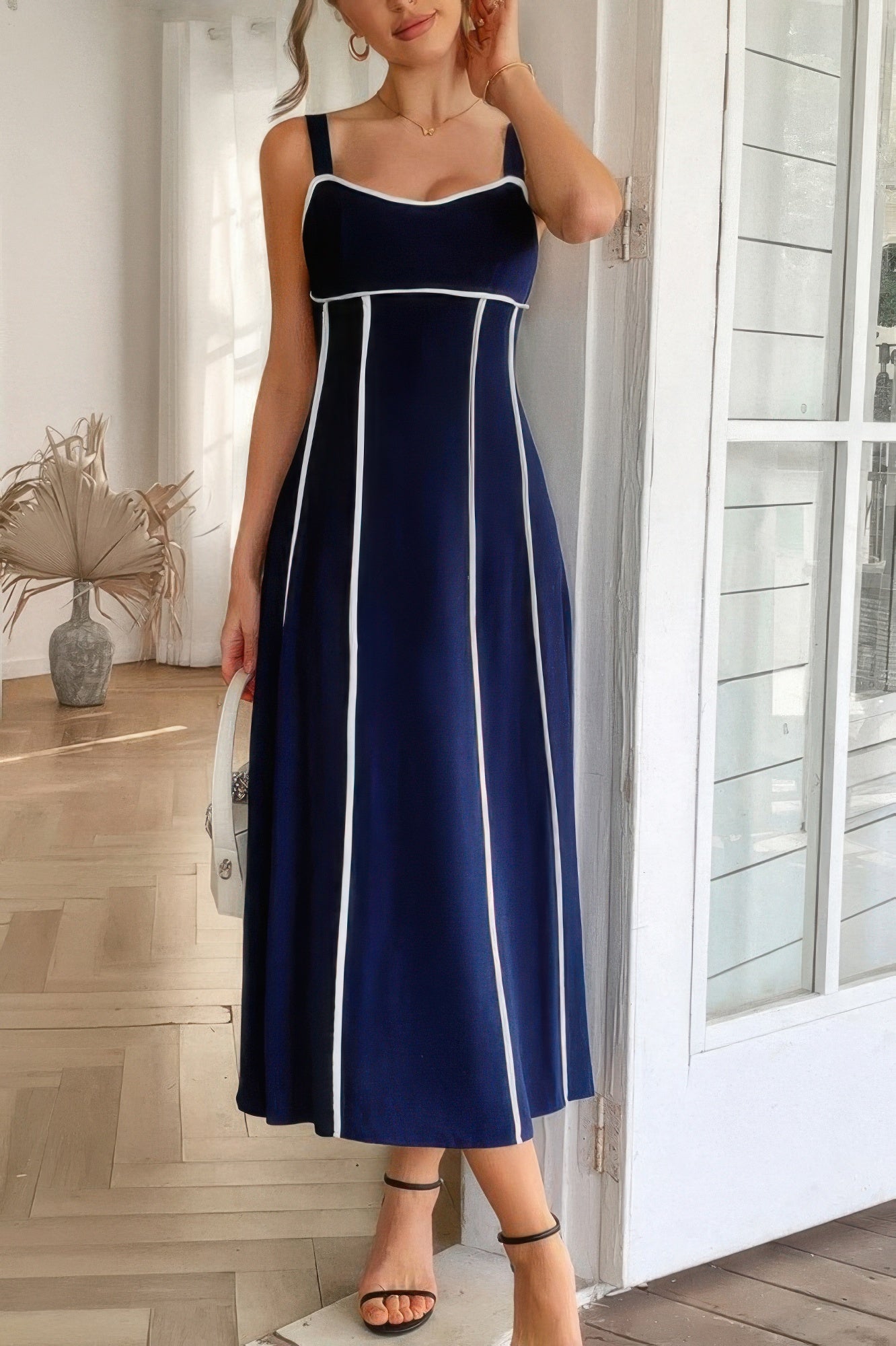 Woman wearing Contrast Binding Linen Blend Maxi Dress-Contrast Binding Linen Blend Maxi Dress - Effortlessly Chic and breezy. Your go-to choice for sunny days, contrast binding that adds a stylish edge.