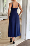 Woman wearing Contrast Binding Linen Blend Maxi Dress-Contrast Binding Linen Blend Maxi Dress - Effortlessly Chic and breezy. Your go-to choice for sunny days, contrast binding that adds a stylish edge.
