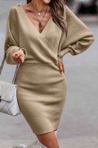 Woman wearing Tie Back Guipure Lace Panel Slim Fit Sweater Dress-Tie Back Guipure Lace Panel Slim Fit Sweater Dress. Step into timeless elegance with this sweater dress, designed to accentuate your silhouette with charm. 