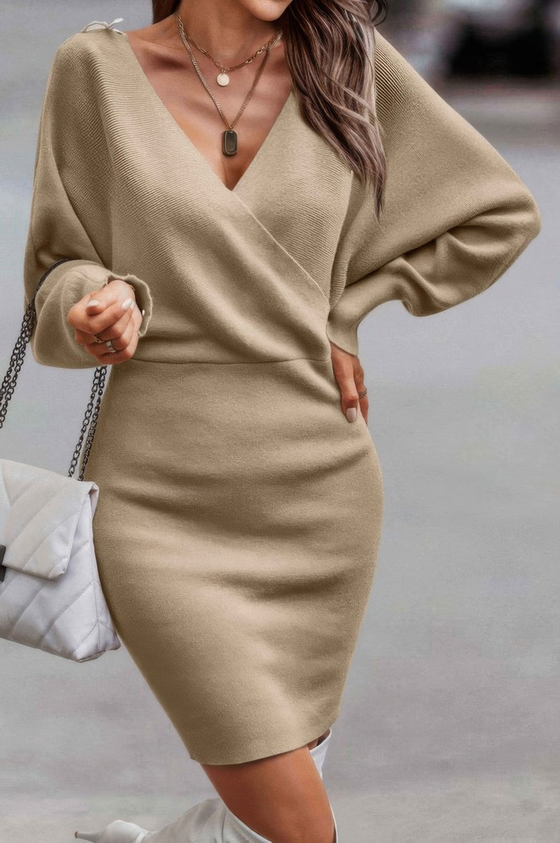 Woman wearing Tie Back Guipure Lace Panel Slim Fit Sweater Dress-Tie Back Guipure Lace Panel Slim Fit Sweater Dress. Step into timeless elegance with this sweater dress, designed to accentuate your silhouette with charm. 
