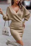Woman wearing Tie Back Guipure Lace Panel Slim Fit Sweater Dress-Tie Back Guipure Lace Panel Slim Fit Sweater Dress. Step into timeless elegance with this sweater dress, designed to accentuate your silhouette with charm. 