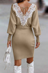 Woman wearing Tie Back Guipure Lace Panel Slim Fit Sweater Dress-Tie Back Guipure Lace Panel Slim Fit Sweater Dress. Step into timeless elegance with this sweater dress, designed to accentuate your silhouette with charm. 