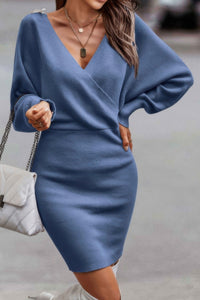 Woman wearing Tie Back Guipure Lace Panel Slim Fit Sweater Dress-Tie Back Guipure Lace Panel Slim Fit Sweater Dress. Step into timeless elegance with this sweater dress, designed to accentuate your silhouette with charm. 