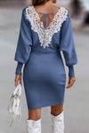 Woman wearing Tie Back Guipure Lace Panel Slim Fit Sweater Dress-Tie Back Guipure Lace Panel Slim Fit Sweater Dress. Step into timeless elegance with this sweater dress, designed to accentuate your silhouette with charm. 