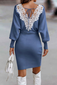 Woman wearing Tie Back Guipure Lace Panel Slim Fit Sweater Dress-Tie Back Guipure Lace Panel Slim Fit Sweater Dress. Step into timeless elegance with this sweater dress, designed to accentuate your silhouette with charm. 