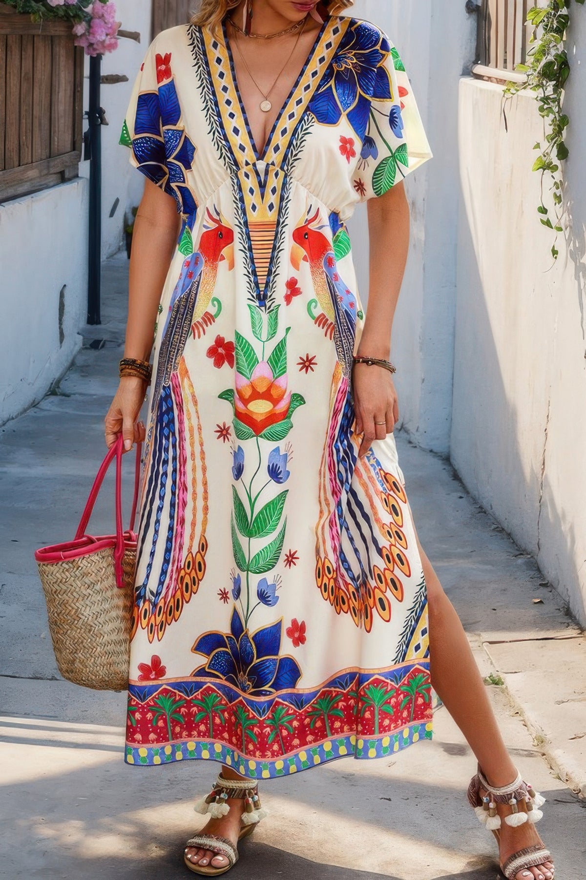 Woman wearing Floral Deep V Neck Batwing Sleeve Maxi Dress-Step into boho effortless elegance with this floral deep V-neck batwing sleeve dress, designed to flatter and flow with every movement. 