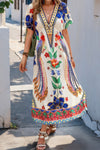 Woman wearing Floral Deep V Neck Batwing Sleeve Maxi Dress-Step into boho effortless elegance with this floral deep V-neck batwing sleeve dress, designed to flatter and flow with every movement. 