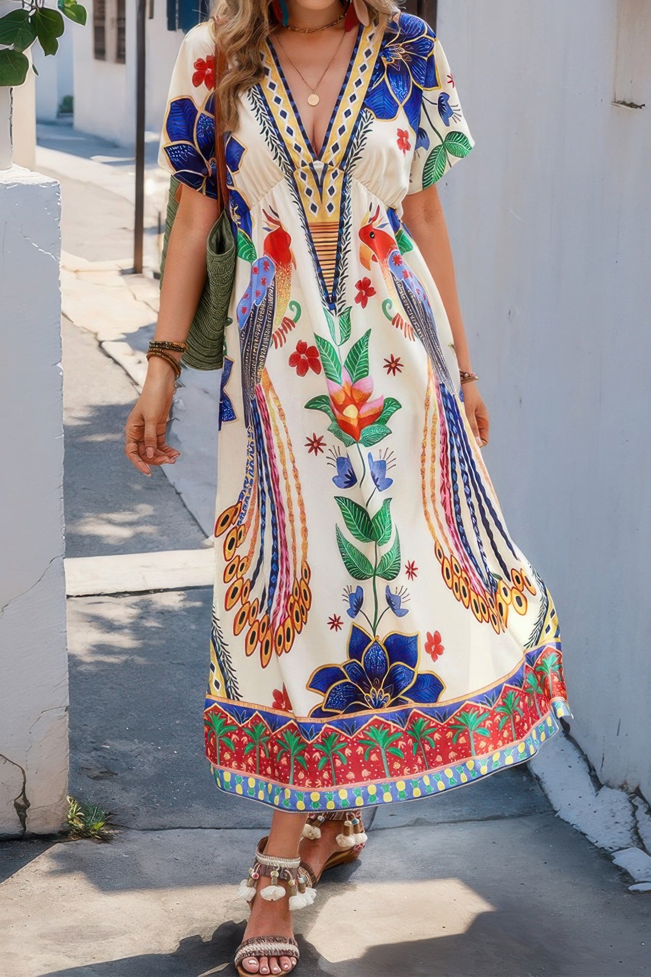 Woman wearing Floral Deep V Neck Batwing Sleeve Maxi Dress-Step into boho effortless elegance with this floral deep V-neck batwing sleeve dress, designed to flatter and flow with every movement. 