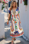 Woman wearing Floral Deep V Neck Batwing Sleeve Maxi Dress-Step into boho effortless elegance with this floral deep V-neck batwing sleeve dress, designed to flatter and flow with every movement. 