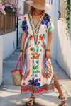 Woman wearing Floral Deep V Neck Batwing Sleeve Maxi Dress-Step into boho effortless elegance with this floral deep V-neck batwing sleeve dress, designed to flatter and flow with every movement. 