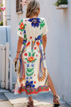 Woman wearing Floral Deep V Neck Batwing Sleeve Maxi Dress-Step into boho effortless elegance with this floral deep V-neck batwing sleeve dress, designed to flatter and flow with every movement. 
