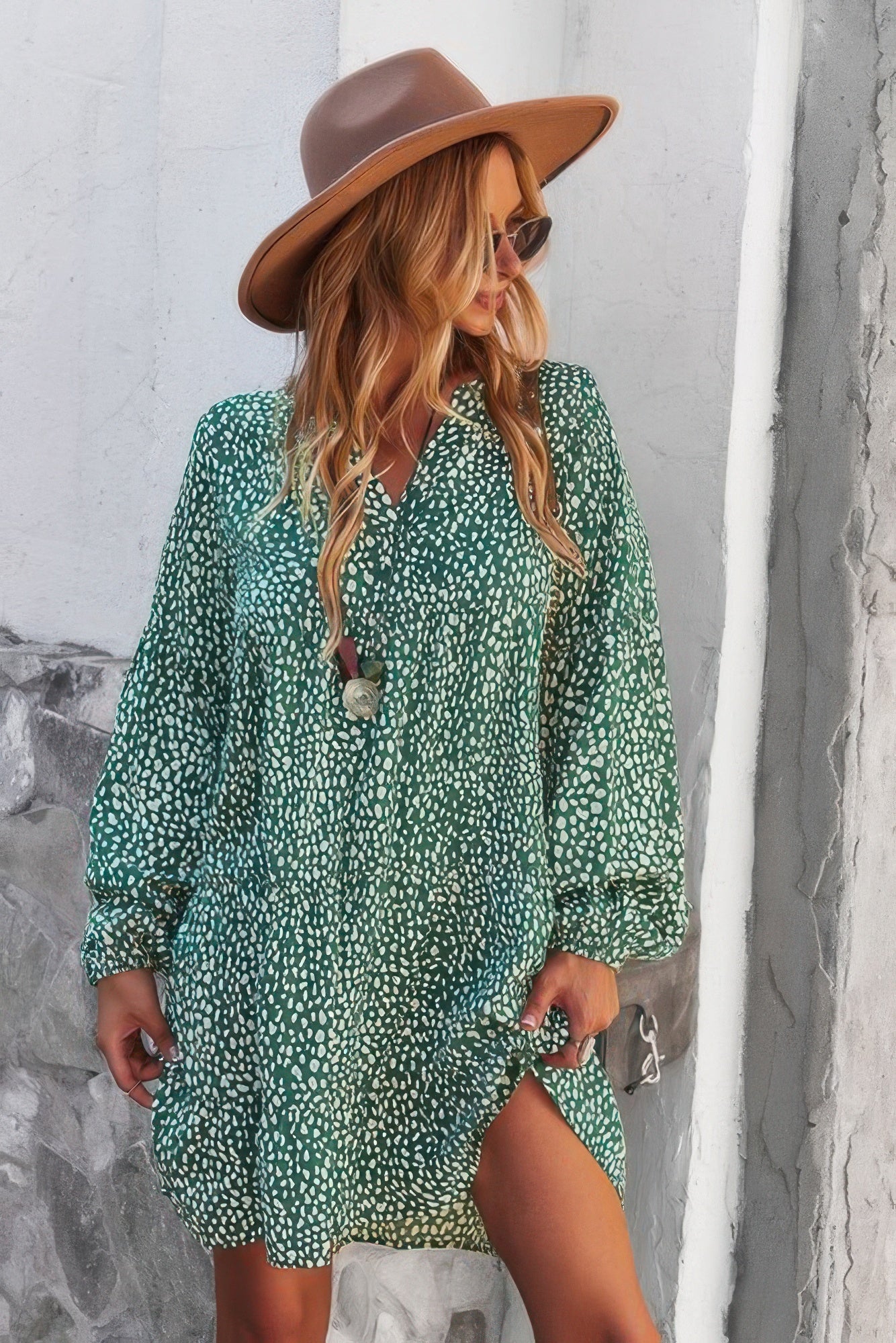 Woman wearing Polka Dot Tunic Dress-Bring playful charm to your wardrobe with this Polka Dot Tunic Dress. Designed for comfort and effortless style. Crafted from breathable, lightweight fabric.