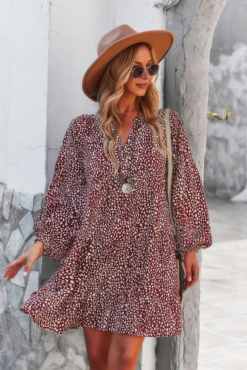 Woman wearing Polka Dot Tunic Dress-Bring playful charm to your wardrobe with this Polka Dot Tunic Dress. Designed for comfort and effortless style. Crafted from breathable, lightweight fabric.