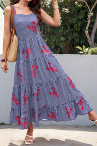 Plaid Lobster Print A-Line Maxi Dress