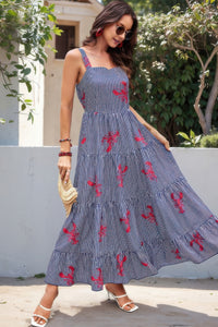 Plaid Lobster Print A-Line Maxi Dress