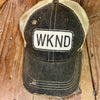 WKND Embroidered Patch Distressed Snapback Baseball Cap-Get Ready for the Weekend with the WKND Distressed Snapback Baseball Cap. Distressed Headmost Brand Cap, Tan Mesh Snapback Closure, Patch style design.