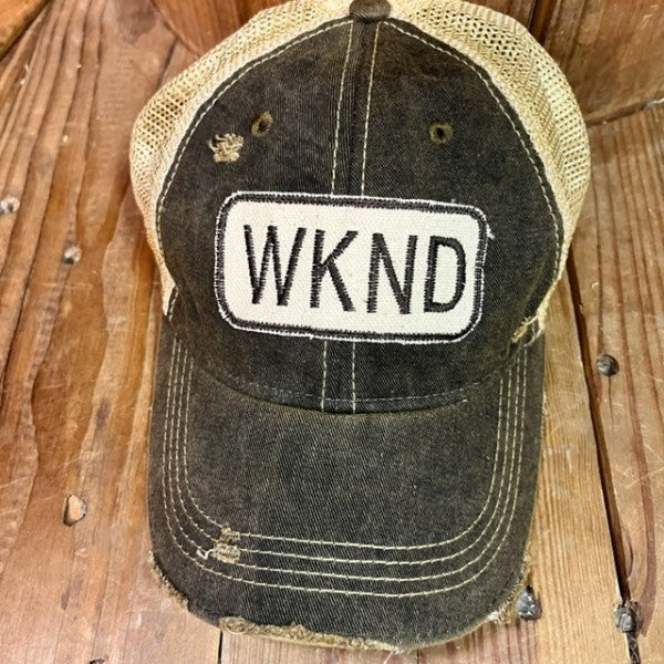 WKND Embroidered Patch Distressed Snapback Baseball Cap-Get Ready for the Weekend with the WKND Distressed Snapback Baseball Cap. Distressed Headmost Brand Cap, Tan Mesh Snapback Closure, Patch style design.