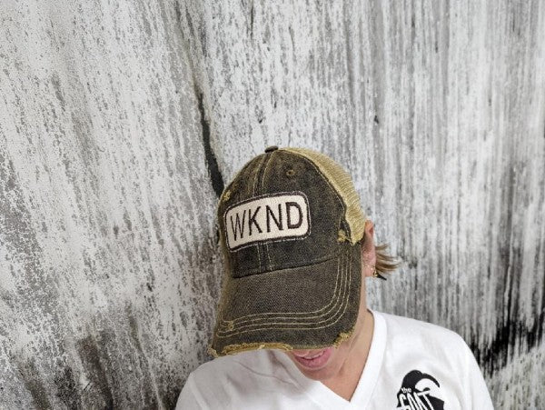 WKND Embroidered Patch Distressed Snapback Baseball Cap-Get Ready for the Weekend with the WKND Distressed Snapback Baseball Cap. Distressed Headmost Brand Cap, Tan Mesh Snapback Closure, Patch style design.