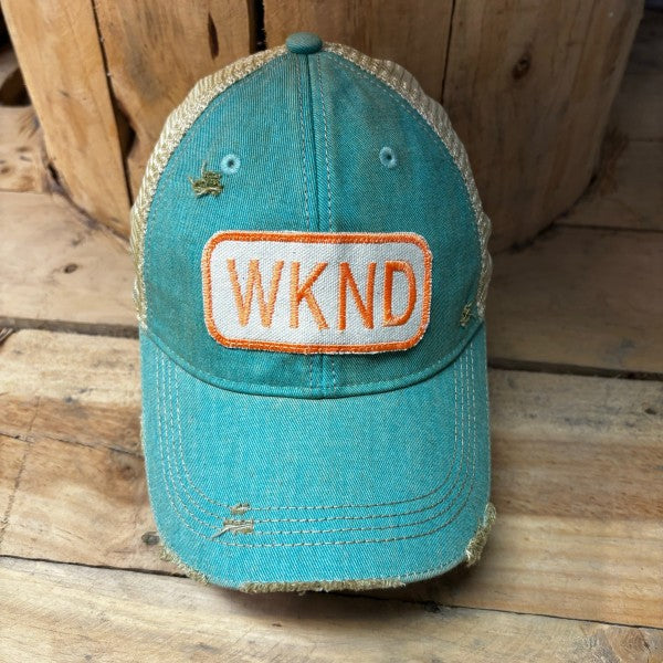 WKND Embroidered Patch Distressed Snapback Baseball Cap-Get Ready for the Weekend with the WKND Distressed Snapback Baseball Cap. Distressed Headmost Brand Cap, Tan Mesh Snapback Closure, Patch style design.