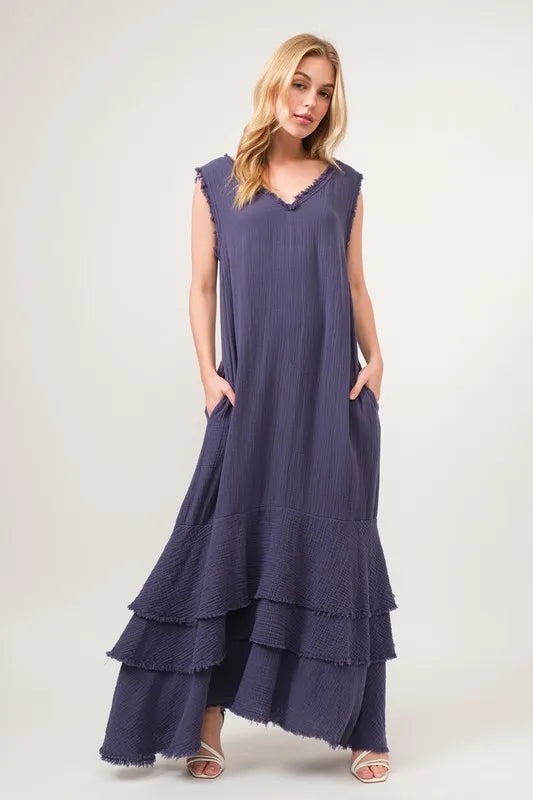 Washed Cotton Gauze Fringe Detail Tiered Dress-Boho fringe tiered dress in washed cotton gauze. Lightweight, relaxed fit with raw hem—perfect for summer, beach days, and laid-back vacations.-Reef Love Boho-Chic Boutique