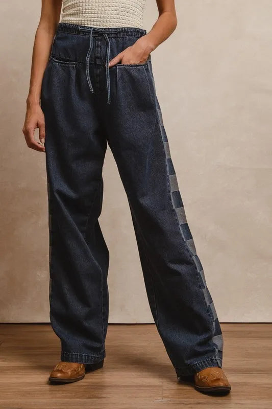 Washed Denim Mix And Match Drawstring Jeans-Jeans-BiBi-DENIM-S-Reef Love