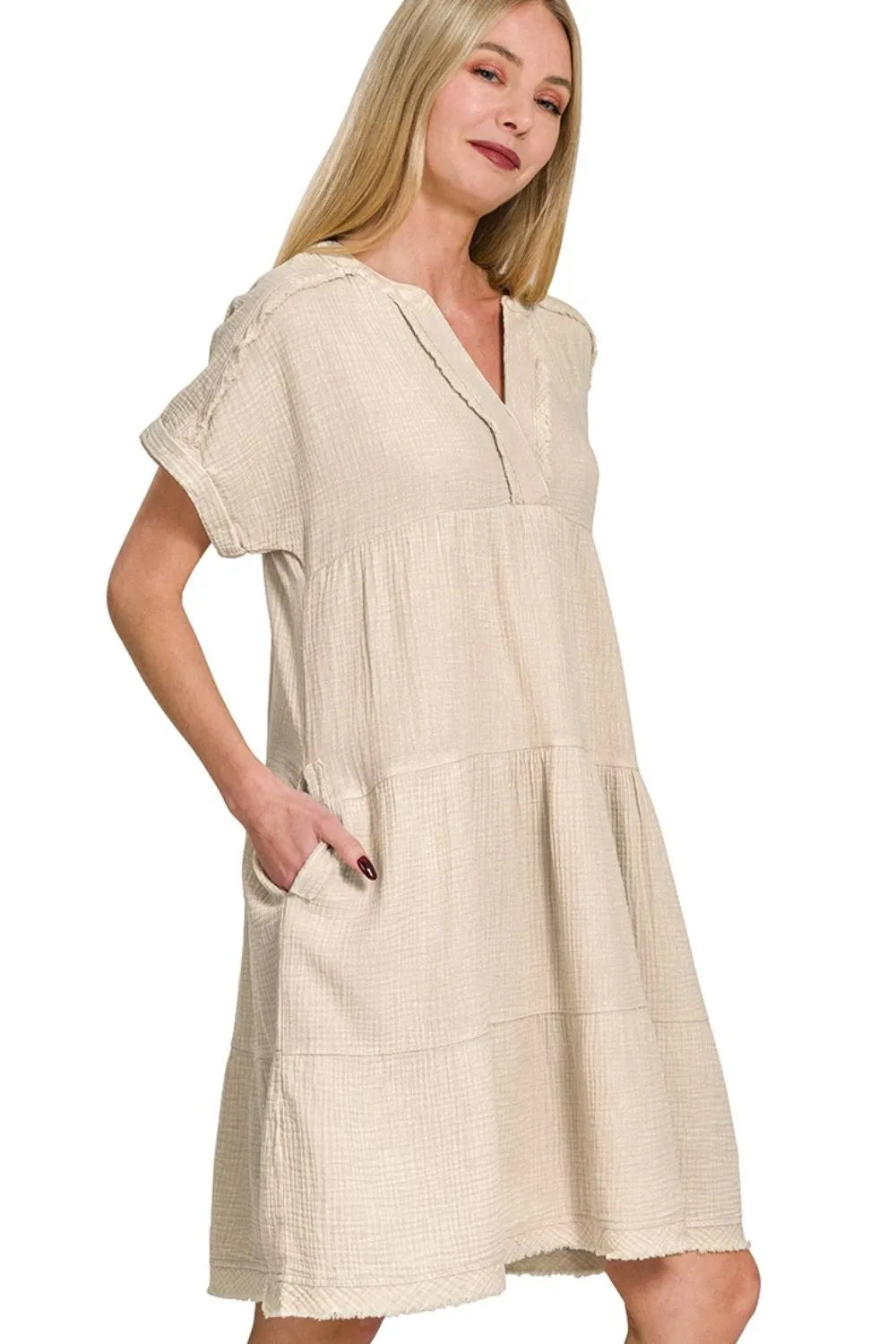Washed Double Gauze Raw Edge V-neck Dress, Sand Beige-Washed Double Gauze Raw Edge V-Neck Dress, sand beige – Effortless Style Breezy, beautiful, and endlessly wearable. 100% cotton, soft lightweight dress -Reef Love Boho-Chic Boutique