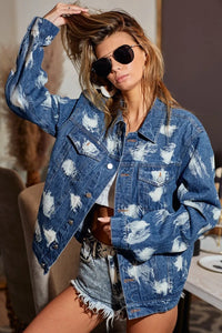 Washed Tie Dye Oversized Denim Jacket-Washed Tie Dye Oversized Denim Jacket - Cool Weather Layering Essential. Trendy and unique piece that adds a pop of color and personality to your outfit. 