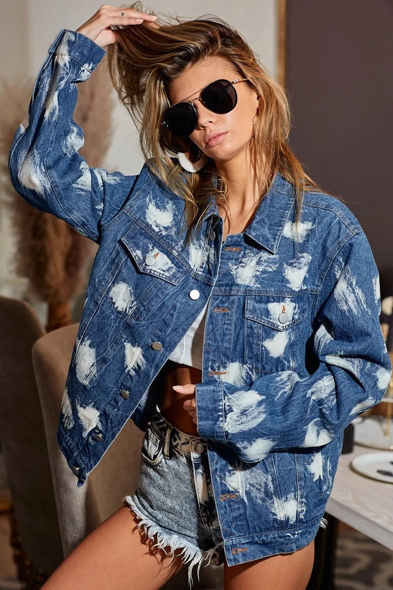 Washed Tie Dye Oversized Denim Jacket-Washed Tie Dye Oversized Denim Jacket - Cool Weather Layering Essential. Trendy and unique piece that adds a pop of color and personality to your outfit. 