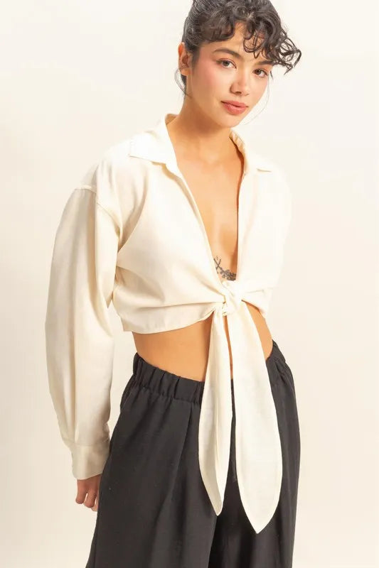 Washed Tie Front Crop Top, White