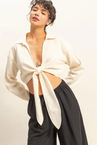 Washed Tie Front Crop Top, White