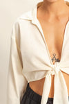 Washed Tie Front Crop Top, White