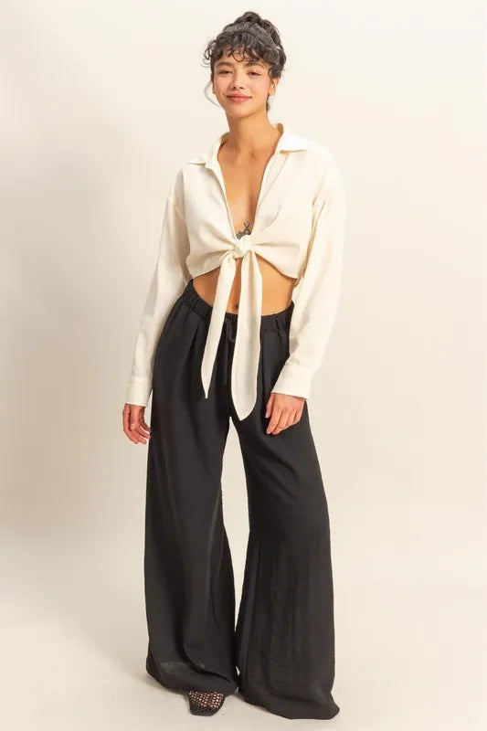 Washed Tie Front Crop Top, White
