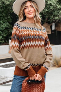 Cozy up in the Eva Aztec Crew Neck Sweater. Western-inspired print, soft knit, and versatile layering boho-chic sweater