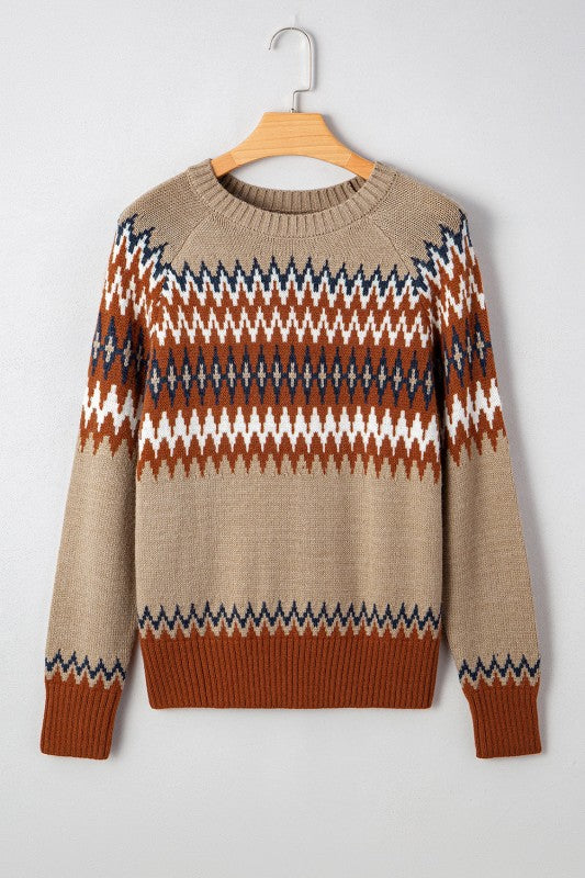 Cozy up in the Eva Aztec Crew Neck Sweater. Western-inspired print, soft knit, and versatile layering boho-chic sweater