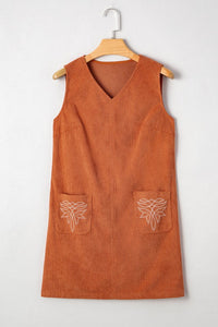 Western Corduroy Embroidered Patch Pocket Mini Dress