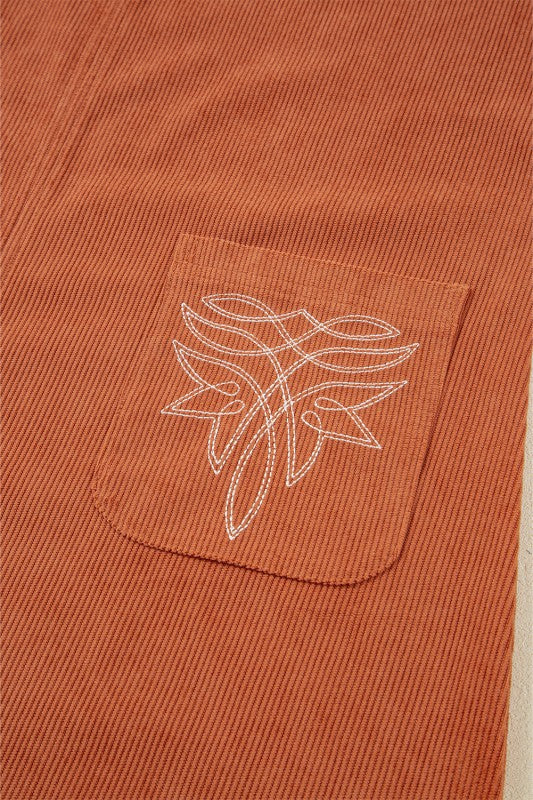 Western Corduroy Embroidered Patch Pocket Mini Dress