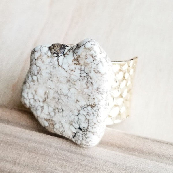 White Turquoise Slab on Hammered Gold Ring Base- Boho Chic Styles by Reef Love