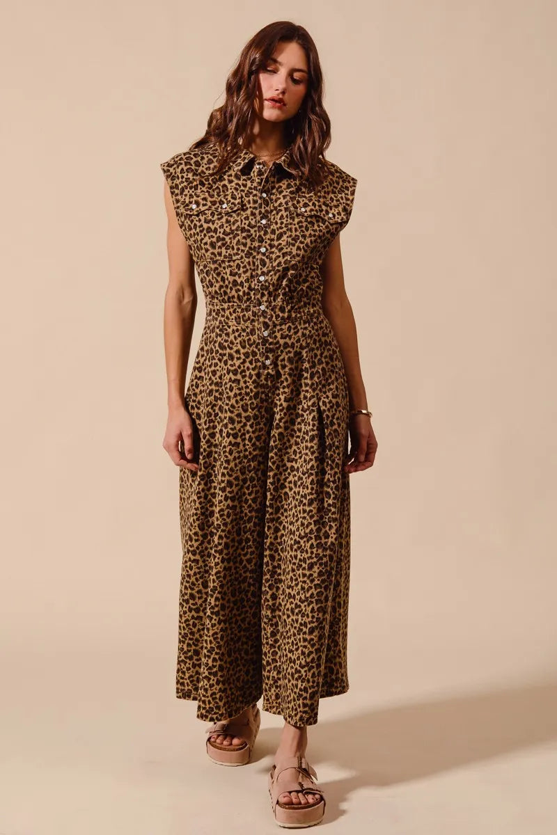 Wide Leg Leopard Twill Jumpsuit-Make a statement in this leopard wide-leg jumpsuit with belt. Lightweight & flattering with button front & cropped ankle. Perfect for casual or dressed-up looks.-Reef Love Boho-Chic Boutique
