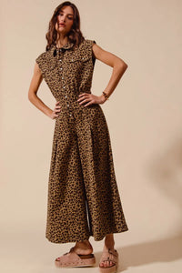 Wide Leg Leopard Twill Jumpsuit-Make a statement in this leopard wide-leg jumpsuit with belt. Lightweight & flattering with button front & cropped ankle. Perfect for casual or dressed-up looks.-Reef Love Boho-Chic Boutique