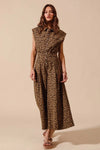 Wide Leg Leopard Twill Jumpsuit-Make a statement in this leopard wide-leg jumpsuit with belt. Lightweight & flattering with button front & cropped ankle. Perfect for casual or dressed-up looks.-Reef Love Boho-Chic Boutique