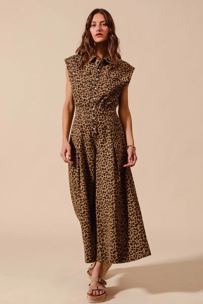 Wide Leg Leopard Twill Jumpsuit-Make a statement in this leopard wide-leg jumpsuit with belt. Lightweight & flattering with button front & cropped ankle. Perfect for casual or dressed-up looks.-Reef Love Boho-Chic Boutique