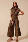 Wide Leg Leopard Twill Jumpsuit-Make a statement in this leopard wide-leg jumpsuit with belt. Lightweight & flattering with button front & cropped ankle. Perfect for casual or dressed-up looks.-Reef Love Boho-Chic Boutique