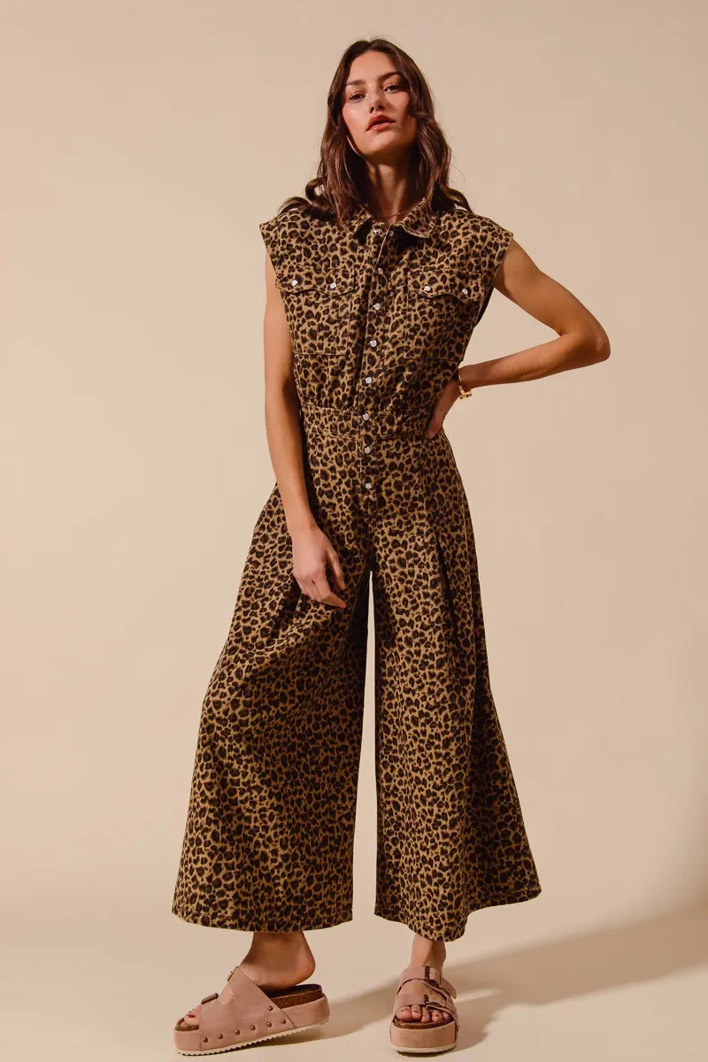 Wide Leg Leopard Twill Jumpsuit-Make a statement in this leopard wide-leg jumpsuit with belt. Lightweight & flattering with button front & cropped ankle. Perfect for casual or dressed-up looks.-Reef Love Boho-Chic Boutique