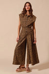 Wide Leg Leopard Twill Jumpsuit-Make a statement in this leopard wide-leg jumpsuit with belt. Lightweight & flattering with button front & cropped ankle. Perfect for casual or dressed-up looks.-Reef Love Boho-Chic Boutique