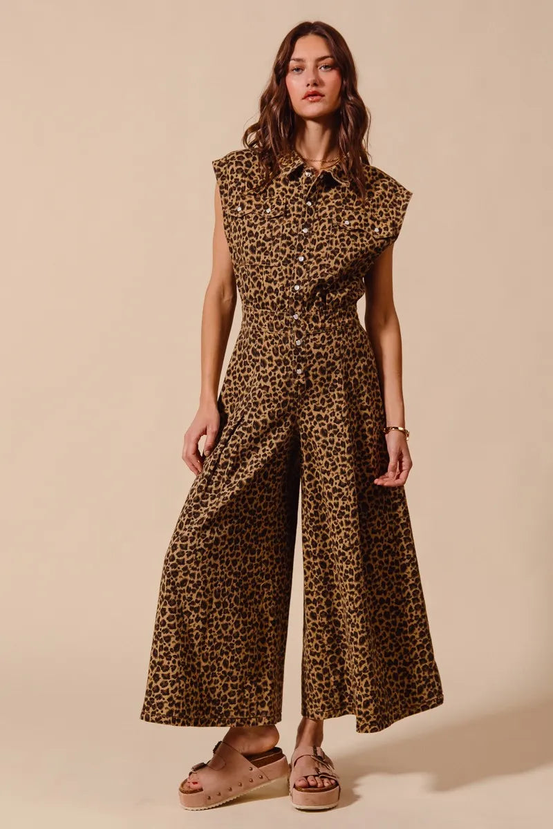 Wide Leg Leopard Twill Jumpsuit-Make a statement in this leopard wide-leg jumpsuit with belt. Lightweight & flattering with button front & cropped ankle. Perfect for casual or dressed-up looks.-Reef Love Boho-Chic Boutique