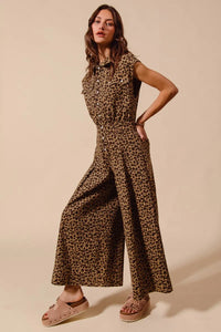 Wide Leg Leopard Twill Jumpsuit-Make a statement in this leopard wide-leg jumpsuit with belt. Lightweight & flattering with button front & cropped ankle. Perfect for casual or dressed-up looks.-Reef Love Boho-Chic Boutique