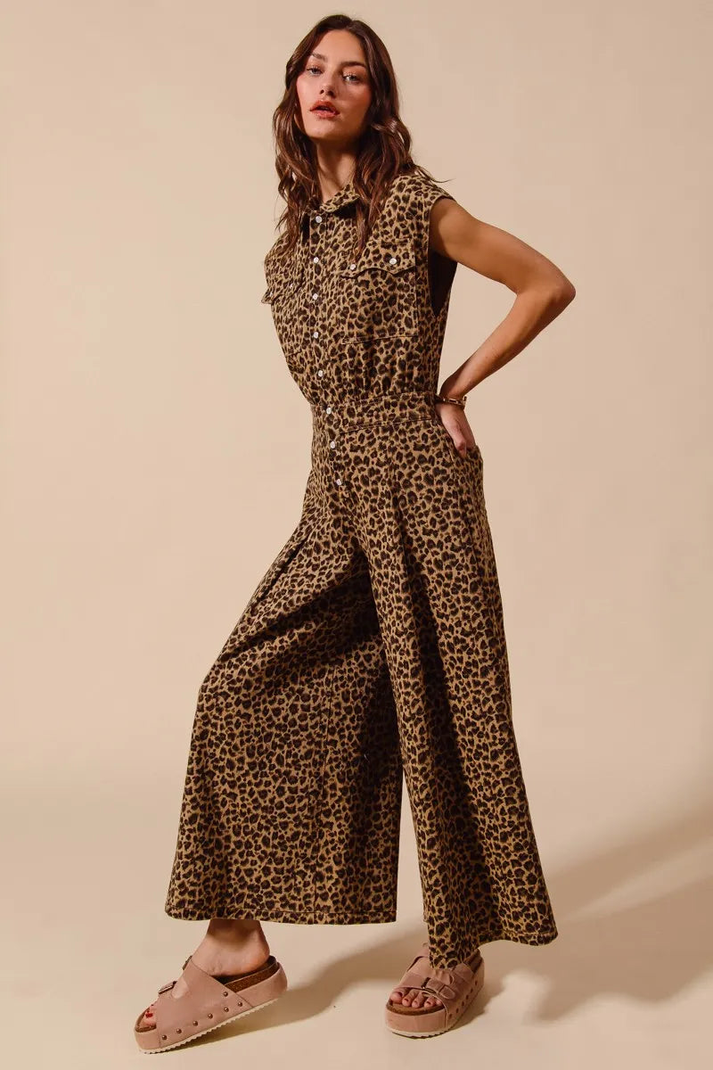 Wide Leg Leopard Twill Jumpsuit-Make a statement in this leopard wide-leg jumpsuit with belt. Lightweight & flattering with button front & cropped ankle. Perfect for casual or dressed-up looks.-Reef Love Boho-Chic Boutique