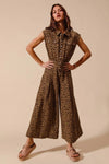 Wide Leg Leopard Twill Jumpsuit-Make a statement in this leopard wide-leg jumpsuit with belt. Lightweight & flattering with button front & cropped ankle. Perfect for casual or dressed-up looks.-Reef Love Boho-Chic Boutique