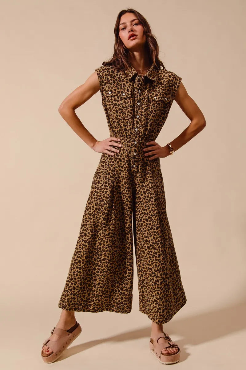 Wide Leg Leopard Twill Jumpsuit-Make a statement in this leopard wide-leg jumpsuit with belt. Lightweight & flattering with button front & cropped ankle. Perfect for casual or dressed-up looks.-Reef Love Boho-Chic Boutique