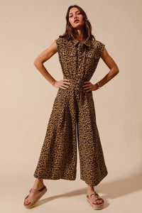 Wide Leg Leopard Twill Jumpsuit-Make a statement in this leopard wide-leg jumpsuit with belt. Lightweight & flattering with button front & cropped ankle. Perfect for casual or dressed-up looks.-Reef Love Boho-Chic Boutique